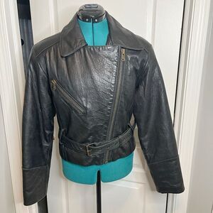 Express Vintage Genuine Leather Moto Biker Full Zip Pocket Belted Crop Jacket